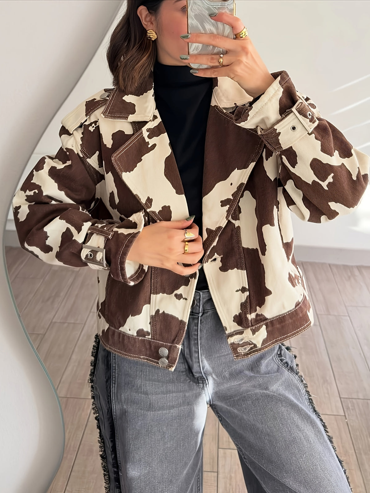 Spring and Autumn Women's Casual Jacket Workwear Outerwear Loose Fit Motorcycle Jacket - Dark Brown