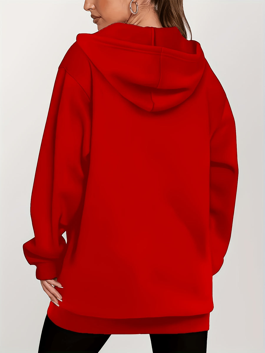 Women's Star Pattern Print Hoodie, Fashionable Zip-Up Hooded Sweatshirt for Women - Red