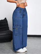 Women'S Slight Stretch Multi-Pocket Baggy Trousers, Individual Decor Natural Wash Craft Straight Wide Cargo Faux Denim, Trendy Street Styledenim - Blue