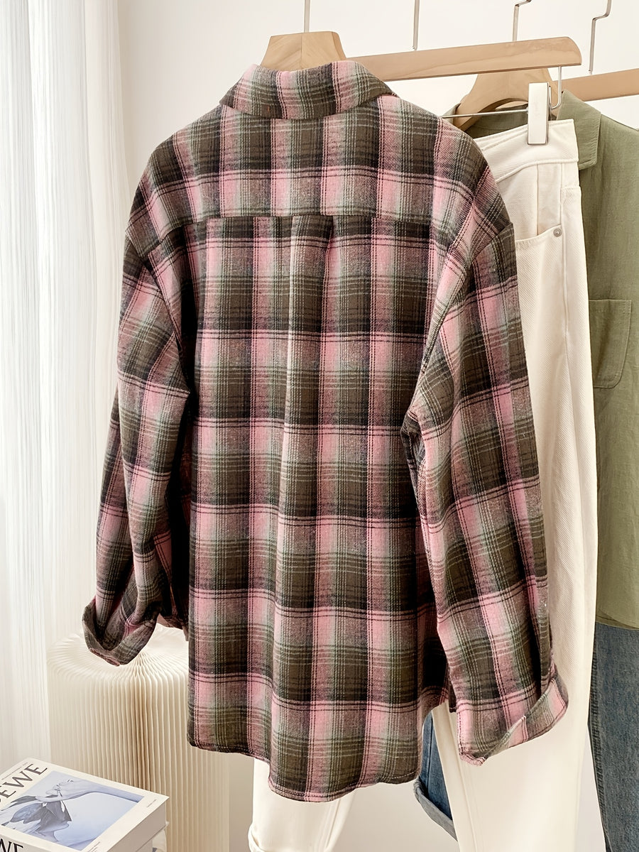 Women'S Shirt Multicolor Brushed Plaid Shirt Loose Top - Pink Greenish