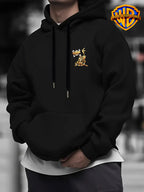 Warner Bros Official 1pc, Vintage Monochrome Gilded Original Art BOOM Exploding Crooked Heart Wolf Cartoon Streetwear Hoodie - Men's Fashion Hoodie, Double-Sided Front and Back Print, Adjustable Drawstring Loose and Comfortable Sweatshirt - Black