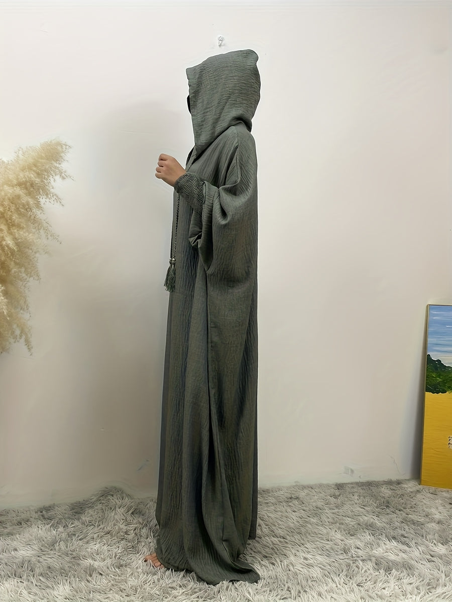 Fashionable Muslim Batwing Sleeve Hooded Abaya Casual Hooded Dress - Light Green