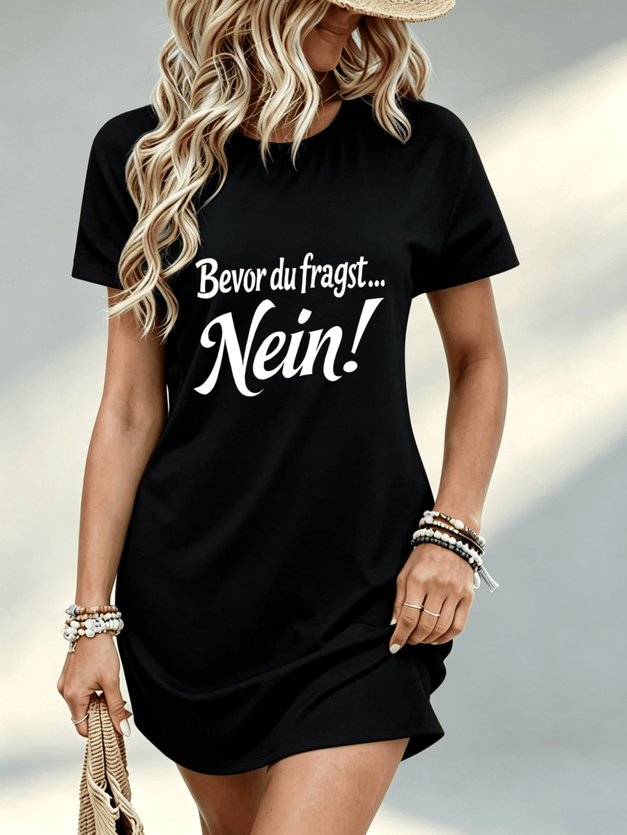 [Printed Design - Not Textured] Casual Women Dress, German Slogan Print, Beach Vacation, Gift for Friend, 100% Polyester - Black