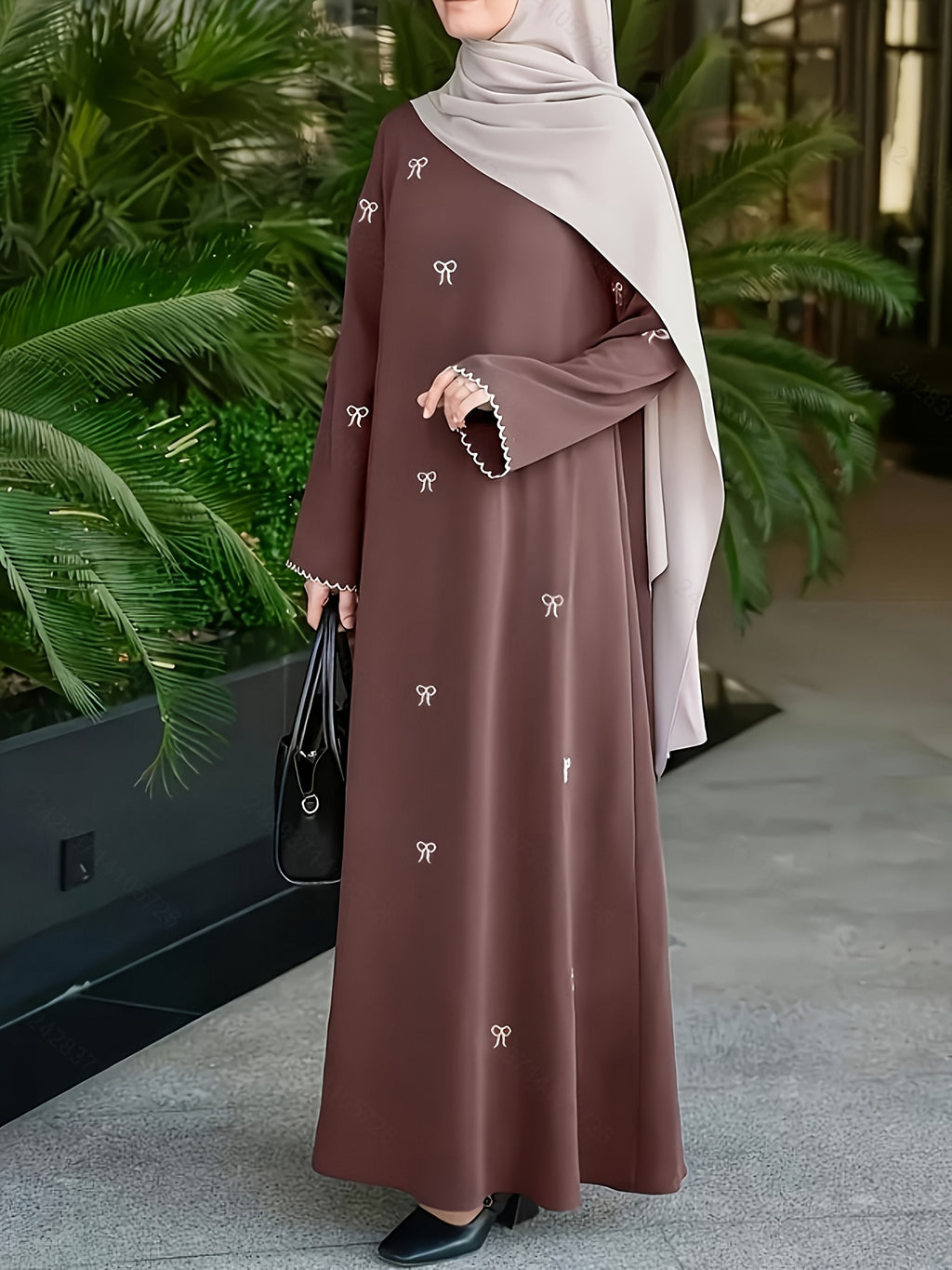 886-Middle East Dubai Bowknot Embroidery Dress - Olive Brown