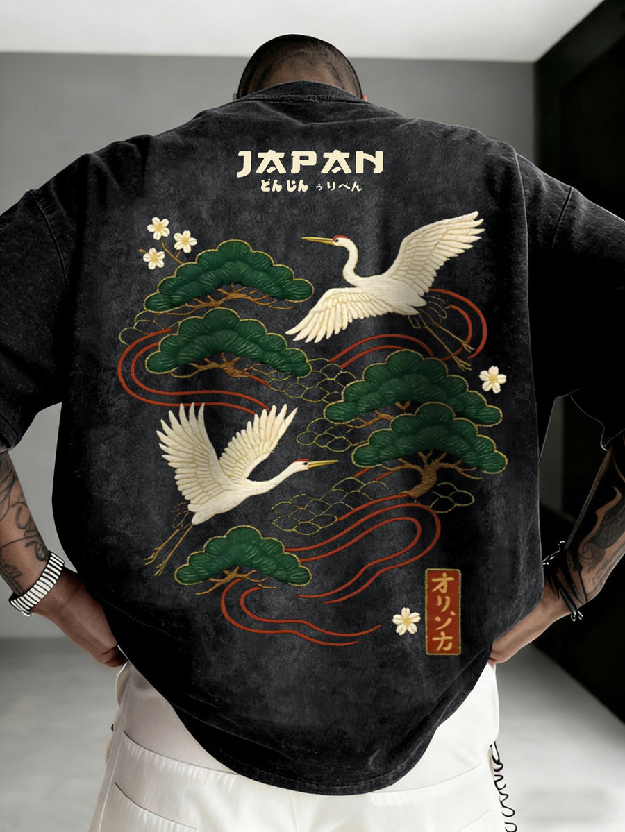 Printed Design - Not Textured: Tang Yunshu American Sporty Style Trendy Men's Japanese National Chic Printed Short Sleeve Shirt, Distressed Washed Finish + Exquisite Crane and Pine Tree Pattern, Crisp Wrinkle-Resistant and Wear-Resistant Fabric - Black