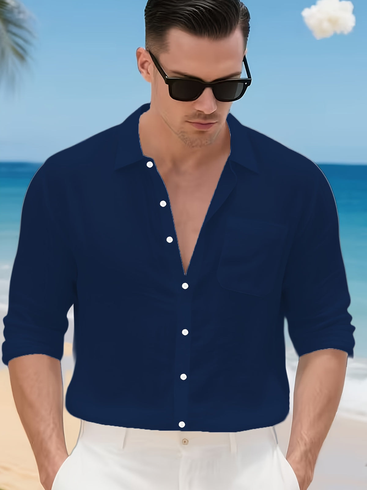 3pcs Men'S Casual Linen Shirts, Long Sleeve Button Tops with Chest Pocket, Lightweight Solid Color Shirts for Daily And Vacation - Navy Color