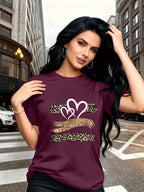 Leopard Print Heart Glitter-themed Pattern Print, Fashionable Breathable T-shirt, for Family Travel,, Casual S, Daily Commutes, Matching Outfits for Sisters, Versatile T-shirt 30057 - Fuchsia