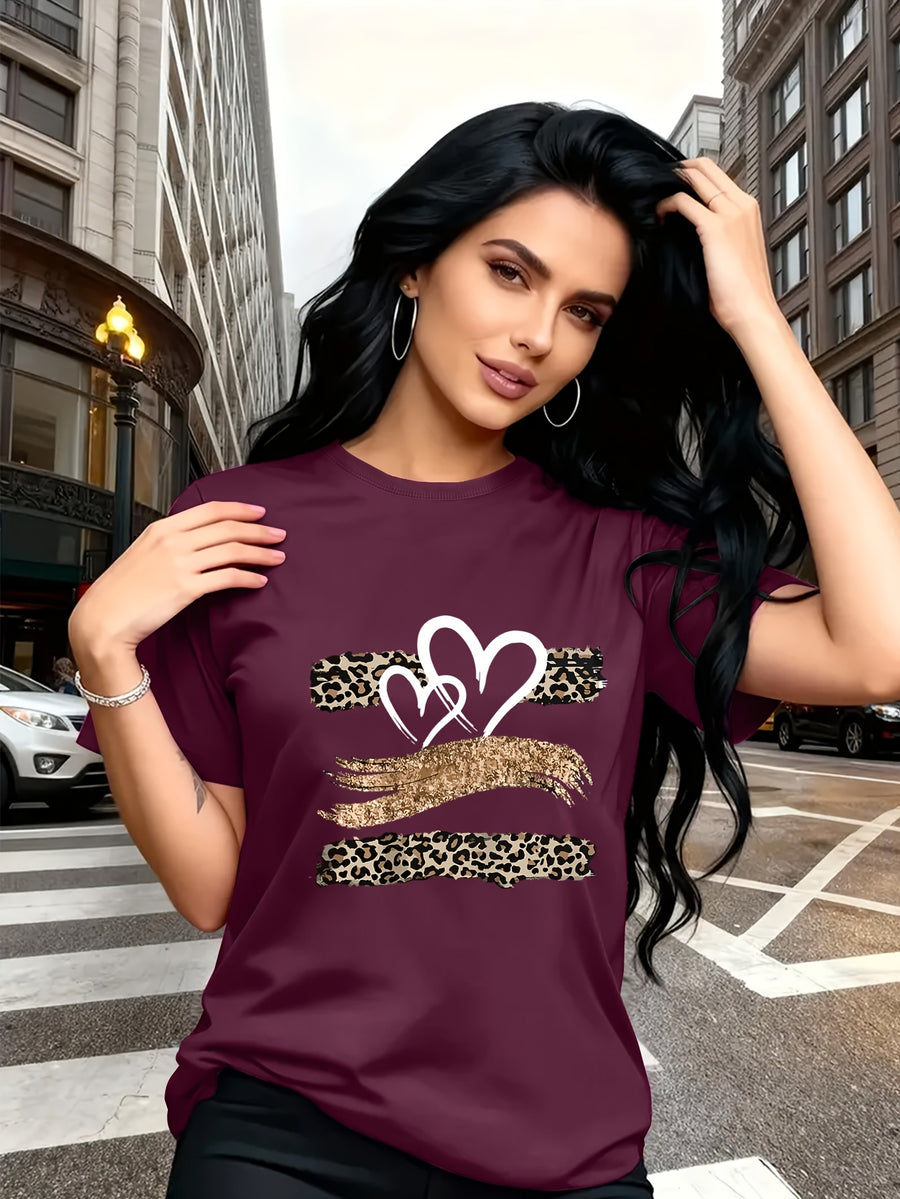 Leopard Print Heart Glitter-themed Pattern Print, Fashionable Breathable T-shirt, for Family Travel,, Casual S, Daily Commutes, Matching Outfits for Sisters, Versatile T-shirt 30057 - Fuchsia