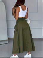 Y2K Spicy Style Army Green High-Waist Cargo Midi Skirt Women'S Front-Slit Multi-Pocket A-Line Skirt Army Green Cargo Skirt High-Waist Button-Front Slit Multi-Pocket Design Midi Skirt - Military Green
