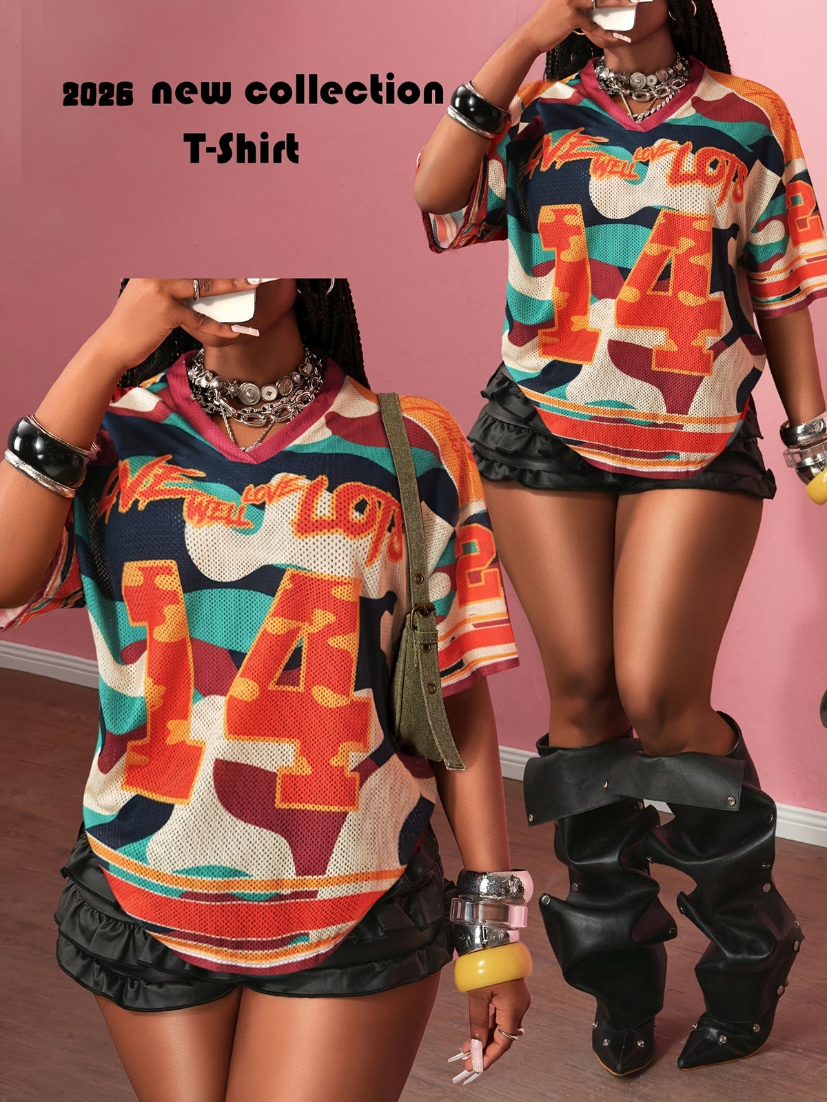 Women'S V-Neck Off-Shoulder Short Sleeve Hip-Hop Style T-Shirt, Mesh Breathable Fabric, Number Print, Suitable for Street Casual Wear, Fashion Color-Block Top, Spring Summer Outfit Jersey Top - Orange red
