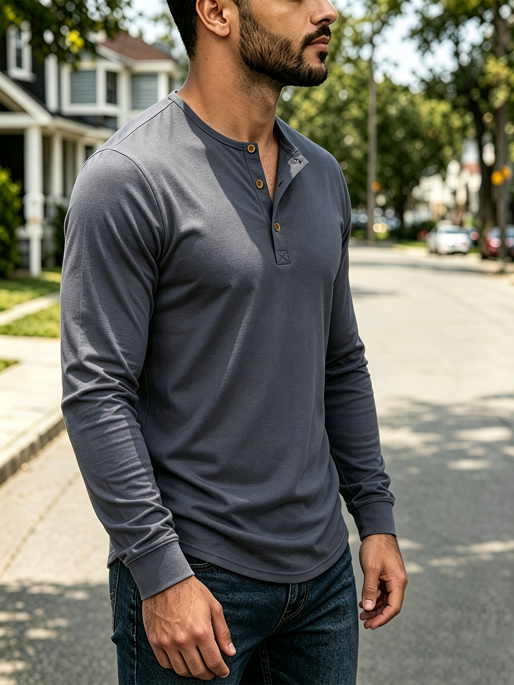 4pcs Set of Men's Spring, Autumn, and Winter Henley Neck Long-Sleeve T-Shirts, Breathable Vintage Casual Solid Color Half-Open Collar Tops, Comfortable and Versatile Base T-Shirts, Suitable for Daily Commuting, Light Business, Home, Sports - Blue + Dark Gray + Maroon + Brown