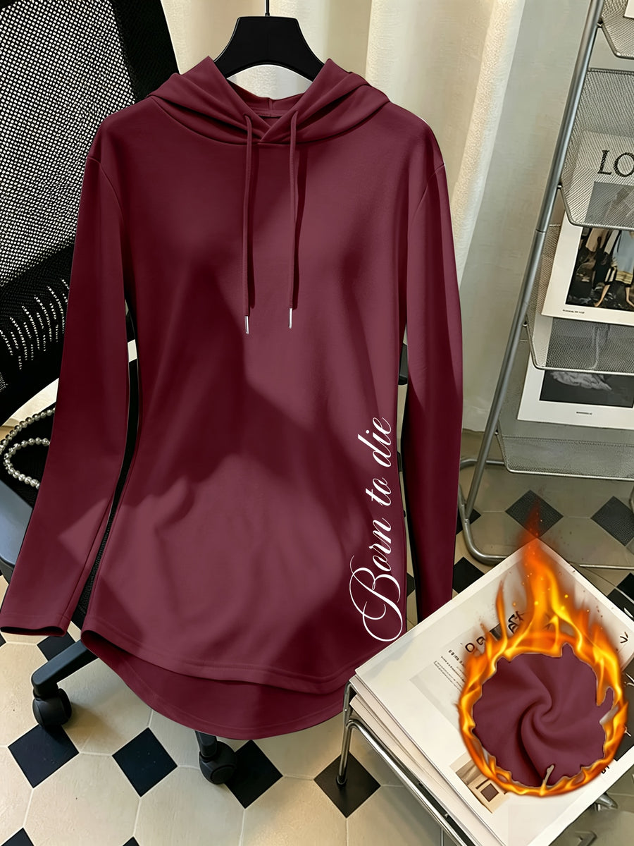 Mid-Length Hooded Sweatshirt for Women, Loose Hip-Covering Letter Print Drawstring Pullover Top - Burgundy