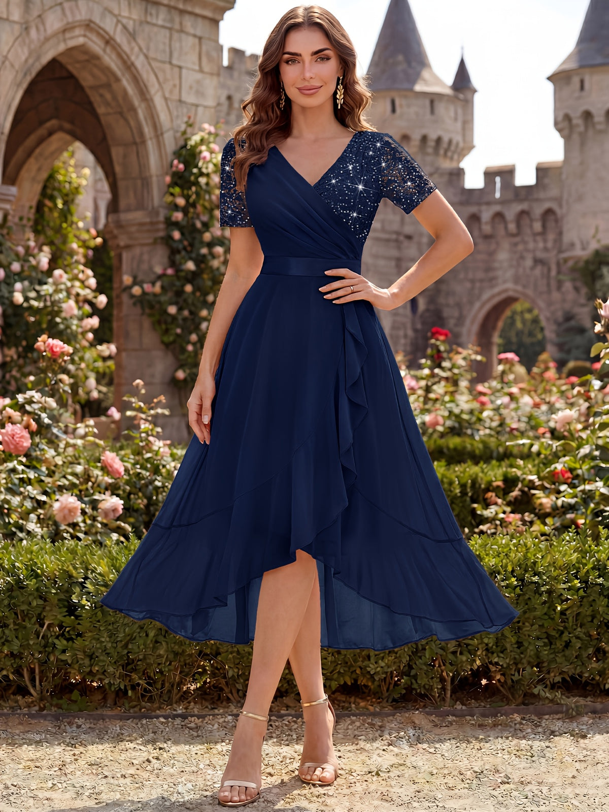 Women'S Elegant V-Neck Lace Chiffon Ruffled Trim Slit Wedding Party Long Dress - Navy Color