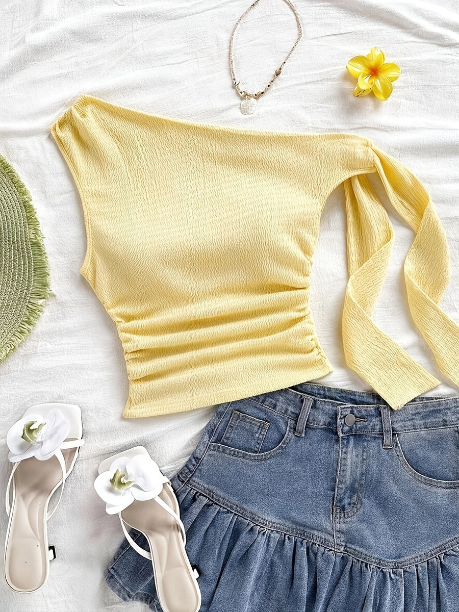 Sexy Asymmetrical Tie-Front Flowy Casual Slim-Fit Solid Color Women'S One-Shoulder Top for Spring And Autumn, Perfect for Parties, Vacations, Music Festivals, Bohemian Style, Holiday Dates, And Afternoon Tea - YTD Cherry - Yellow