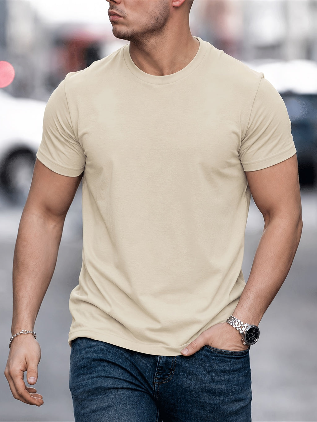 2pcs Men'S Round Neck Short Sleeve Top Set, Round Neck Solid Color Easy Style Soft -Like Fabric Basic Wearable Non-Picky Matching Daily Replacement Base Short Sleeve Top Suitable for Multi-Scene High-Frequency Replacement - Dark Grey+Khaki