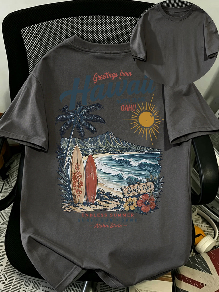 Men's Pure Cotton T-shirt, Printed with a Hawaiian Coast Surfboard Pattern, Is Stylish, Casual, Breathable, and Versatile, Making It a Unique Short-sleeved Top Suitable for Casual Attire in the Summer - Dark Gray