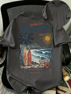 Men's Pure Cotton T-shirt, Printed with a Hawaiian Coast Surfboard Pattern, Is Stylish, Casual, Breathable, and Versatile, Making It a Unique Short-sleeved Top Suitable for Casual Attire in the Summer - Dark Gray