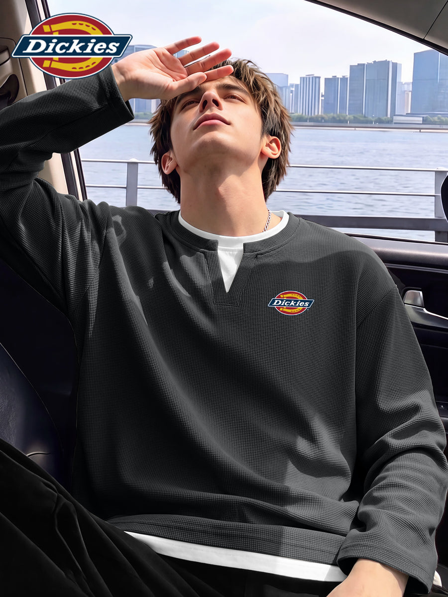 Dickies 2026 New Faux Two-Piece Structured Long Sleeve T-Shirt Waffle Fabric Men'S All-Season Trendy American Retro Cut Design Statement Tee Men'S Waffle Faux Two-Piece V-Neck Long T - Dark Gray