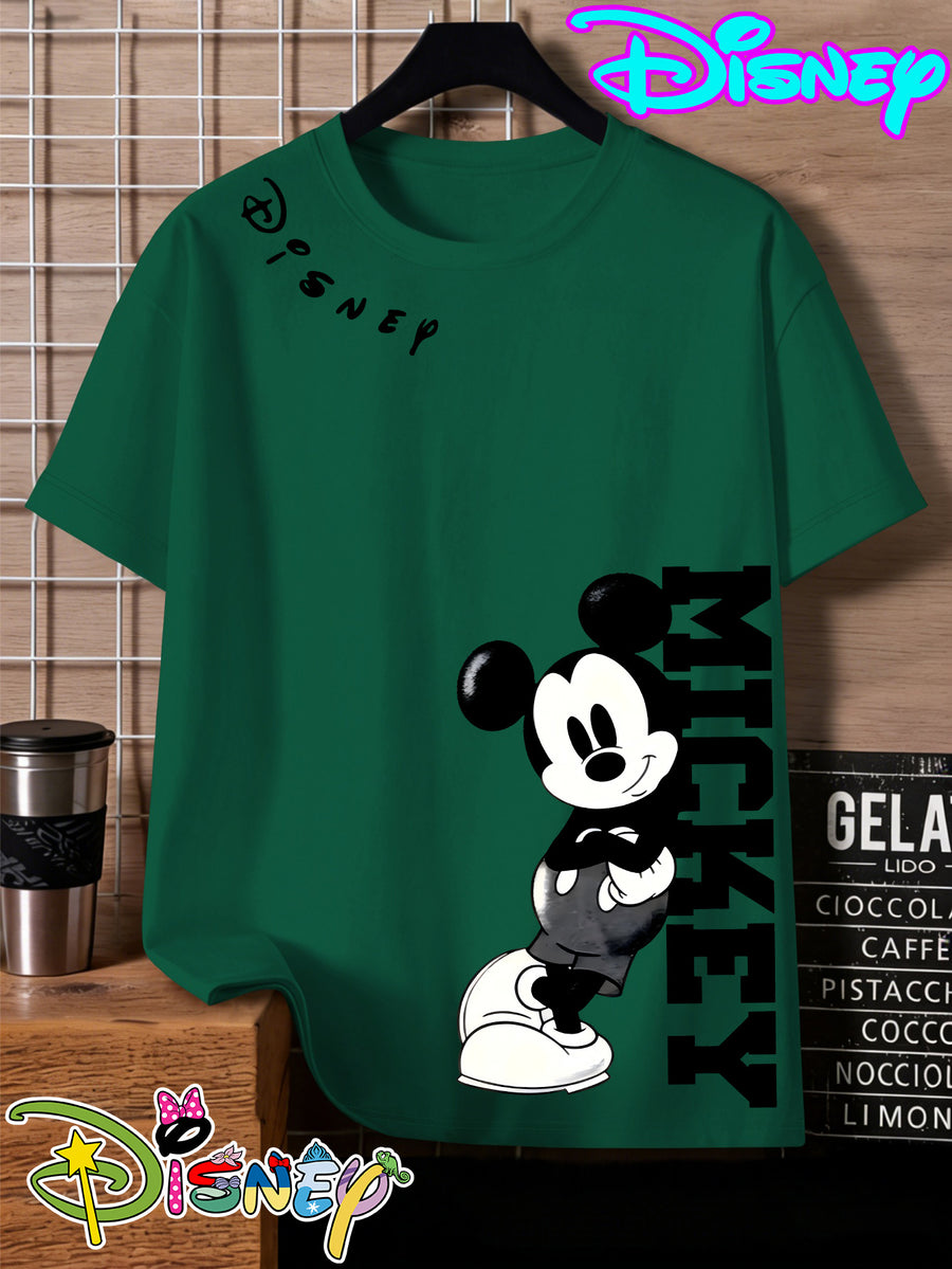 Disney Mickey Black And White Vertical Letter Print Round Neck Short Sleeve T-Shirt, a Minimalist And Trendy Top - Green