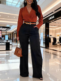 Navy Suit Wide-Leg Pants High Waist Drape Commute OL Style Loose Floor-Length Trousers (No Belt) - Black