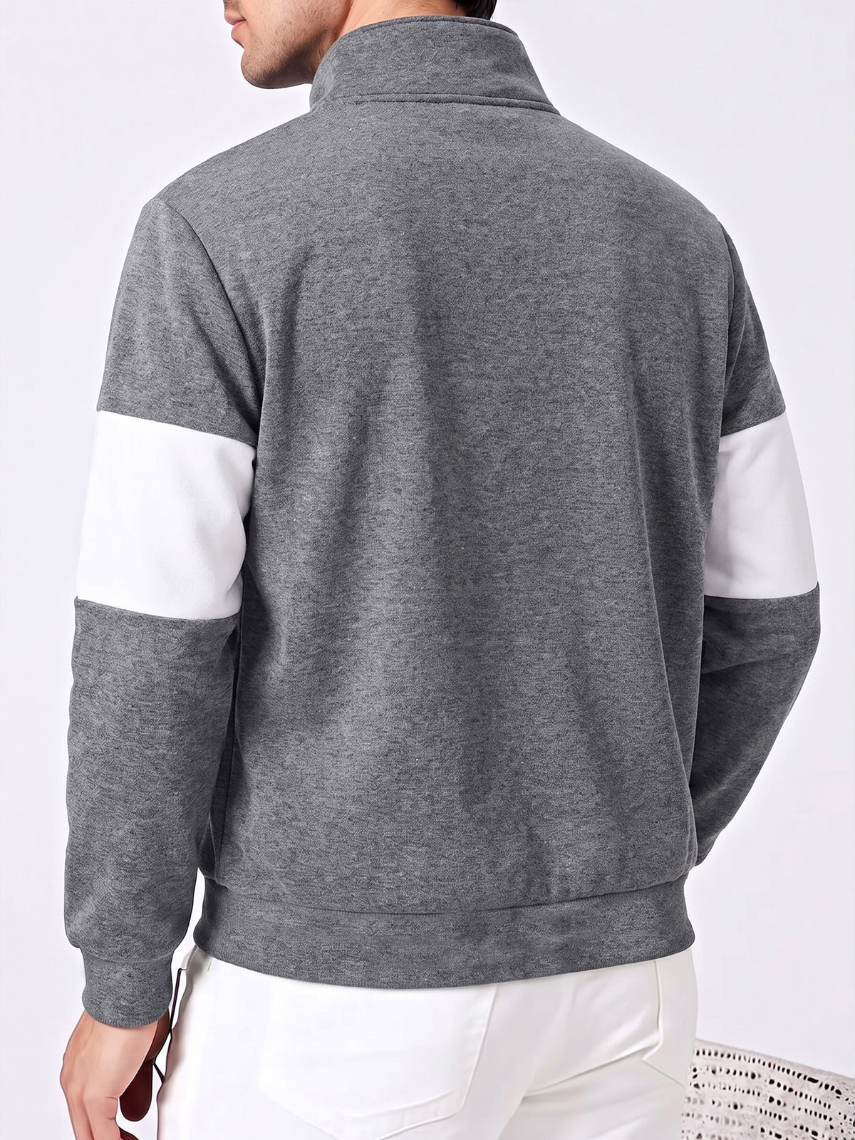 Retro American Stand-Collar Zipper Men'S Sweatshirt, Color-Block Letter Print, Thick Knit Fleece Fabric Soft And Skin-Friendly, Suitable for Daily Outings, Campus Wear, All-Season Wear, Casual Long-Sleeve Sweatshirt - Dark Off-white