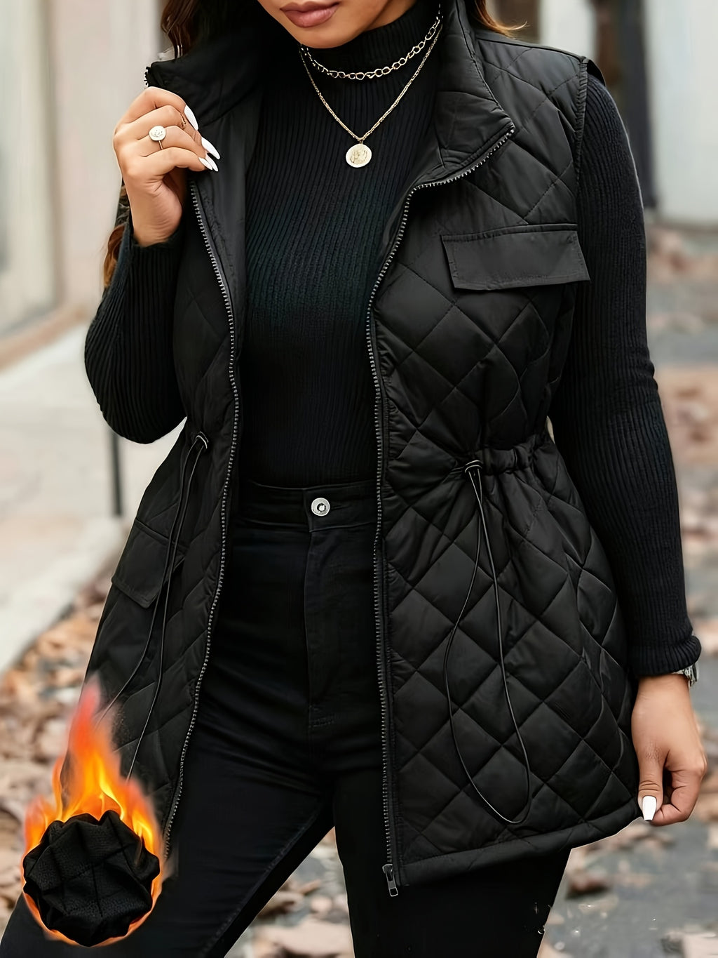 ASD1 Autumn Winter Diamond Quilted Vest Women'S Waist Cincher Drawstring Stand Collar Sleeveless Camisole Thick Warm Casual Outerwear, Western Style New Stand Collar Quilted Vest Women'S Drawstring Waist Pocket Warm Sleeveless Jacket Versatile Top - Black