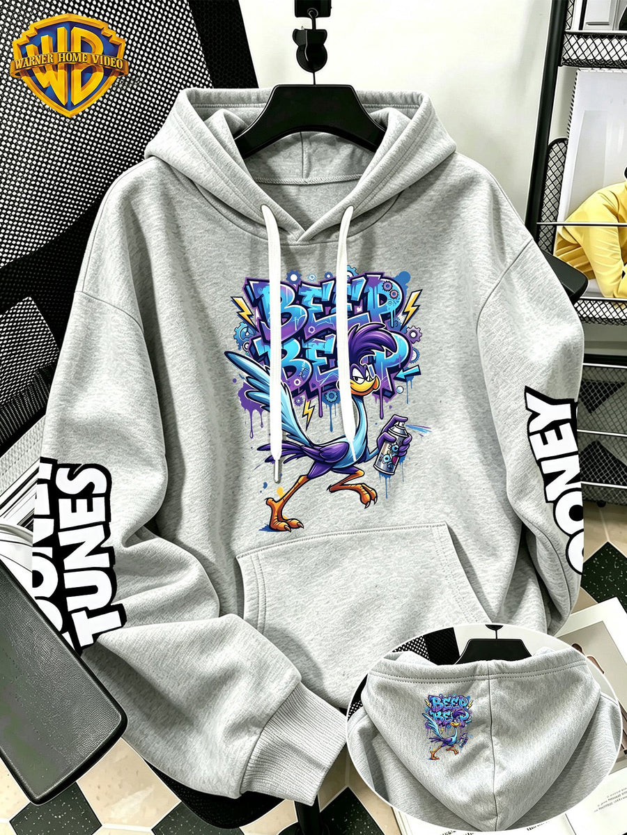 WB Warner Bros Official Men's & Women's Cyber Graffiti Runaway Bird Hoodie - Iconic WB Print Sweatshirt, Adjustable Hood, Loose Fit Warm Pullover for Fall/Winter, Machine Washable Suitable for Daily Wear & Outdoor Sports - Light Grey