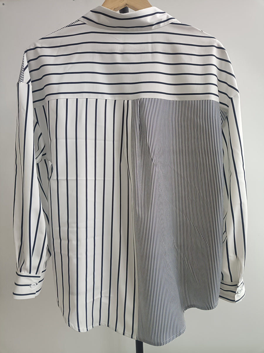 Women'S New Long Sleeve Classic Striped Shirt, Temperament Commute Casual All-Match Curved Hem Waistline Shaping - Black