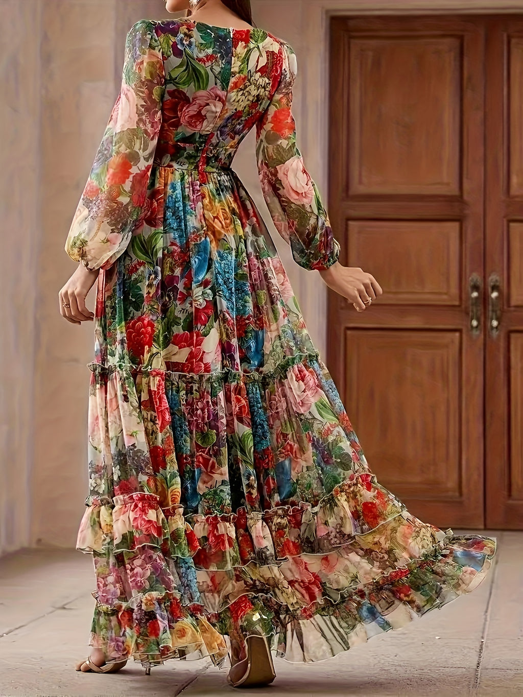 Fashionable, Romantic, and Elegant Women's Printed V-Neck Lantern Sleeve High-Waist Slim-Fit Extra-Long Spliced Maxi Skirt Hem Elegant Dress - Multicolor