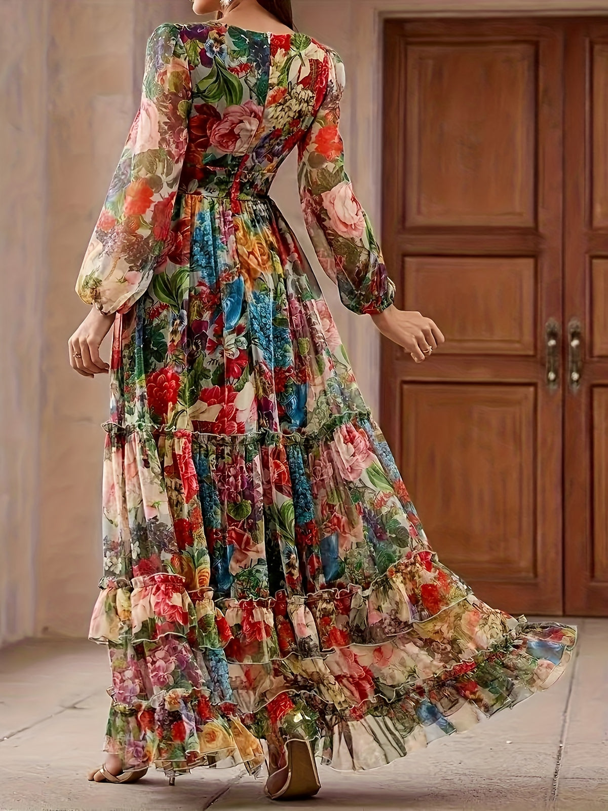 Fashionable, Romantic, and Elegant Women's Printed V-Neck Lantern Sleeve High-Waist Slim-Fit Extra-Long Spliced Maxi Skirt Hem Elegant Dress - Multicolor