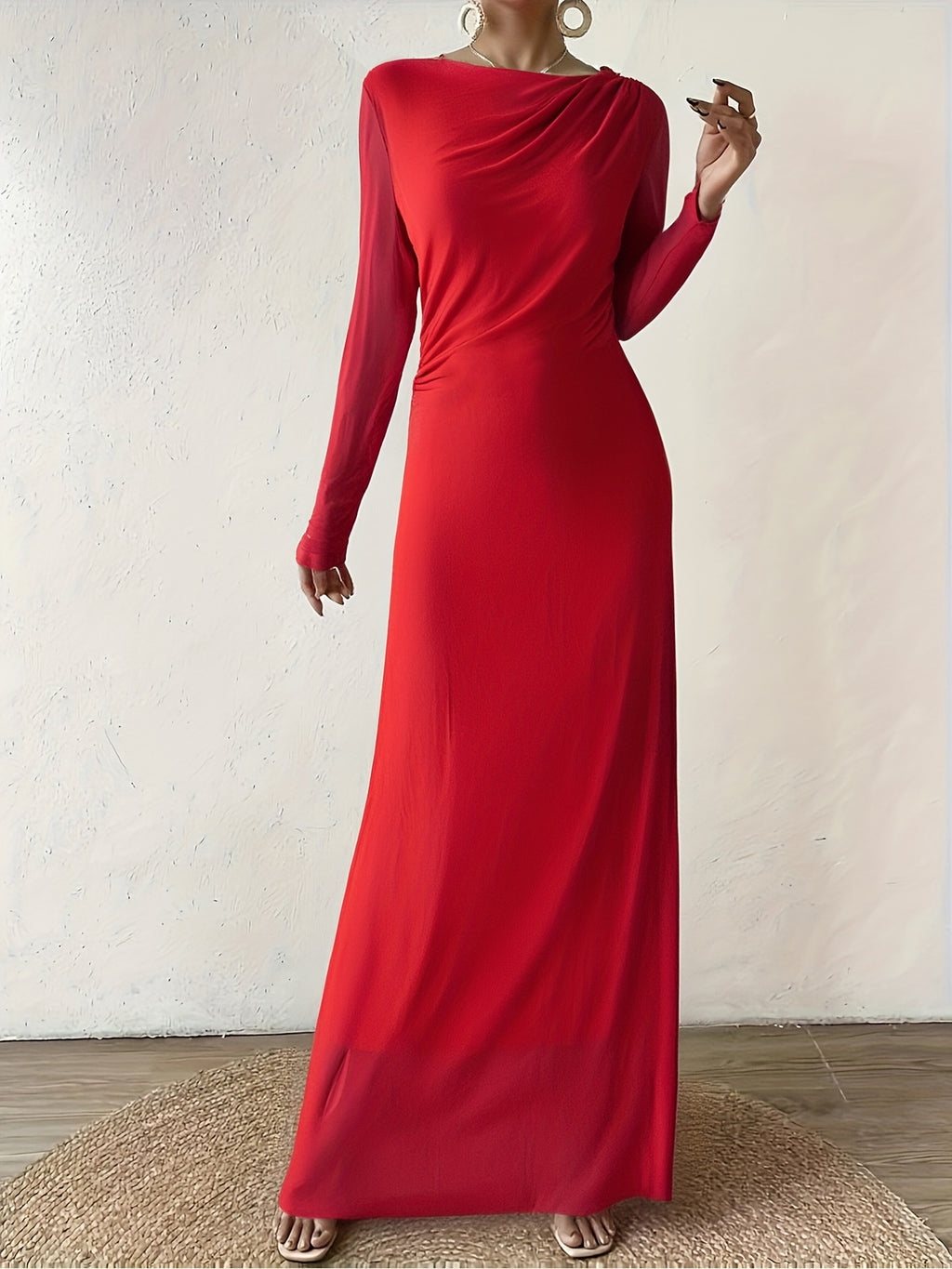 Autumn Winter New European Middle Eastern Casual All-Match Fashion Dress Round Neck Long Sleeve Elegant Temperament Suitable for Parties Gatherings - Red