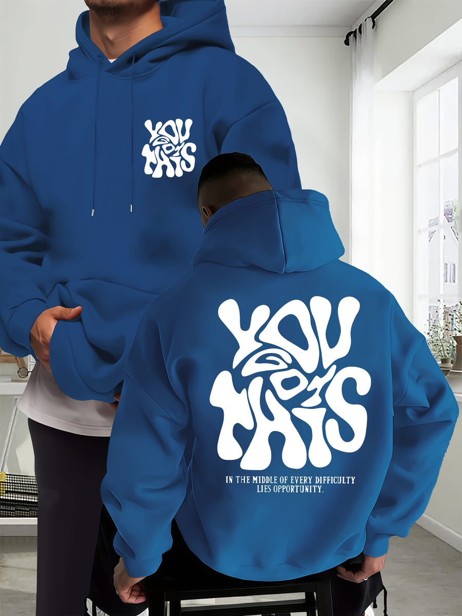 Men's New Trendy Autumn Winter Hoodie, Casual Daily Drawstring Creative Design Printed Sweatshirt with Front Kangaroo Pocket Unisex Top - Peacock Blue