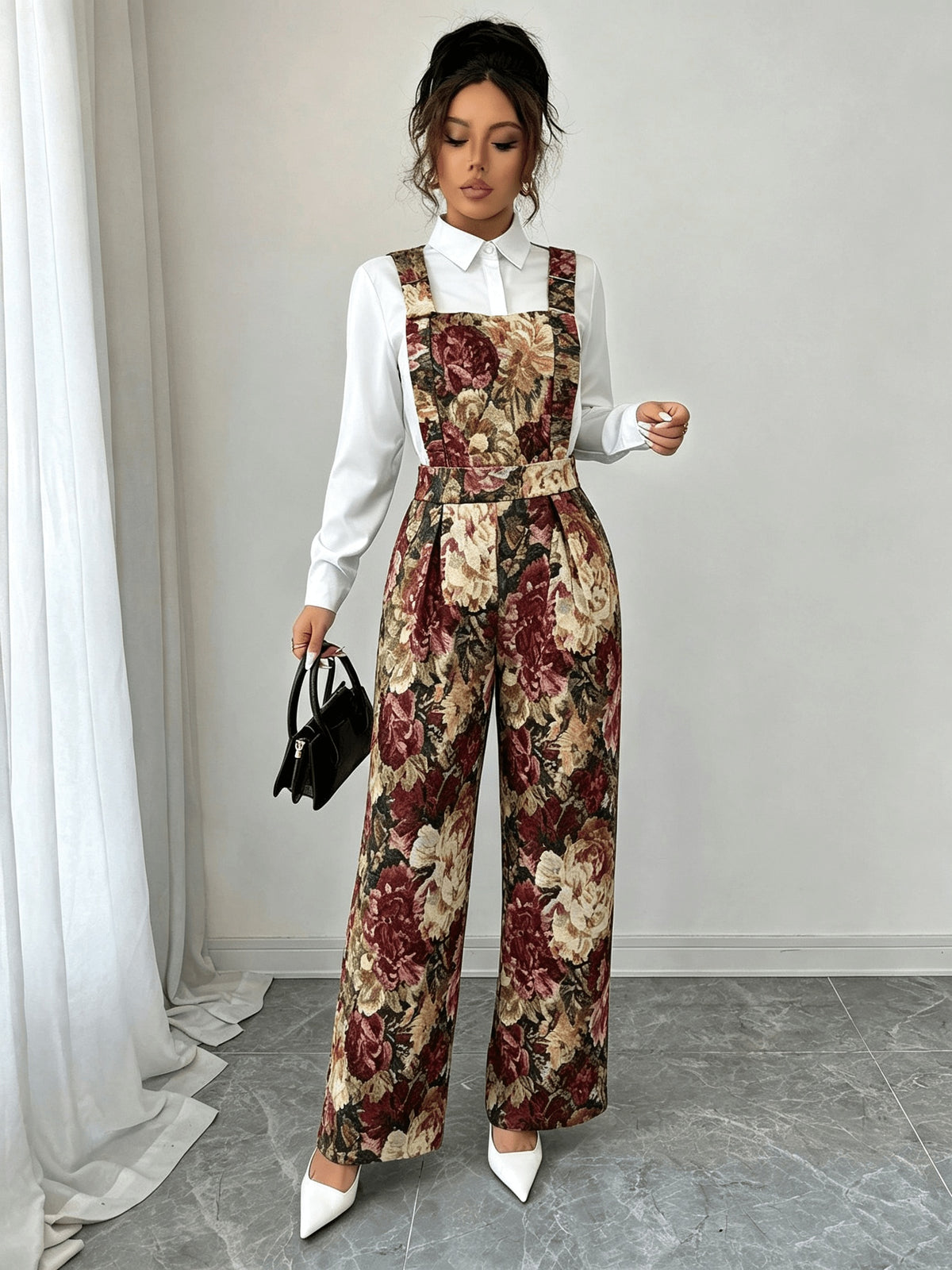 Women'S Casual Fashion Commuter Elegant Jacquard Oil Painting Floral Color Loose Long Pants Overalls Autumn Winter - Multicolor