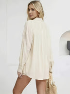 Women's 2pcs Shirt & Shorts Matching Outfit - Short-Sleeve Button-Front Blouse with Low-Rise Swim Shorts, Solid Color Loose Fit Beachwear for Spring Summer Vacation, 2pcs Ensemble (Machine Washable) - Apricot