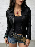 Women'S Elegant Fashion Casual Solid Color Zipper PU Jacket Slim Fit Short Jacket Top - Black