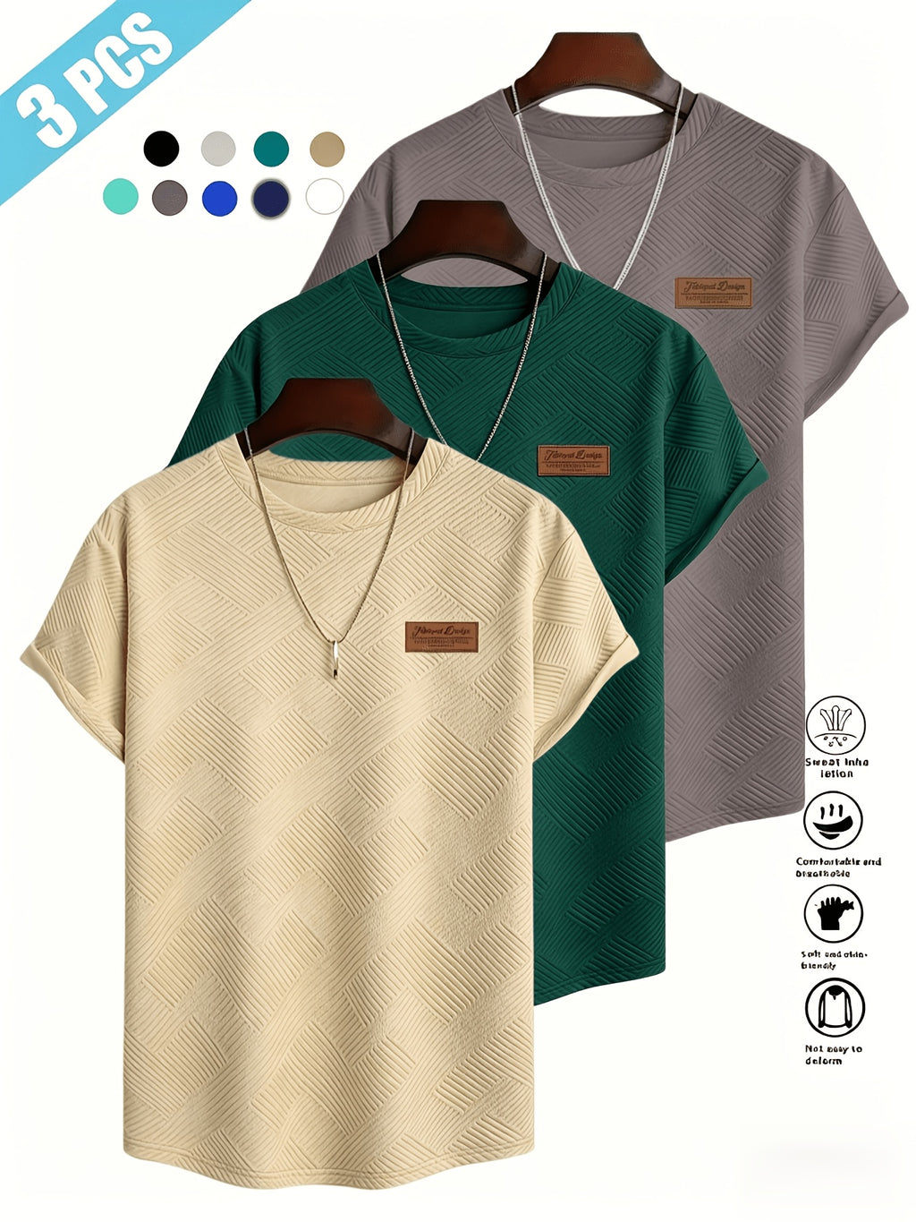 [Villa Le Water OBM] 3pcs Set Men'S Summer Fashion Round Neck T-Shirt, 3D Geometric Pattern Men'S Top, Comfortable And Versatile Short Sleeve, Suitable for Outdoor Street, Daily Casual, Outdoor Sports - Apricot + Gray Brown + Dark Green