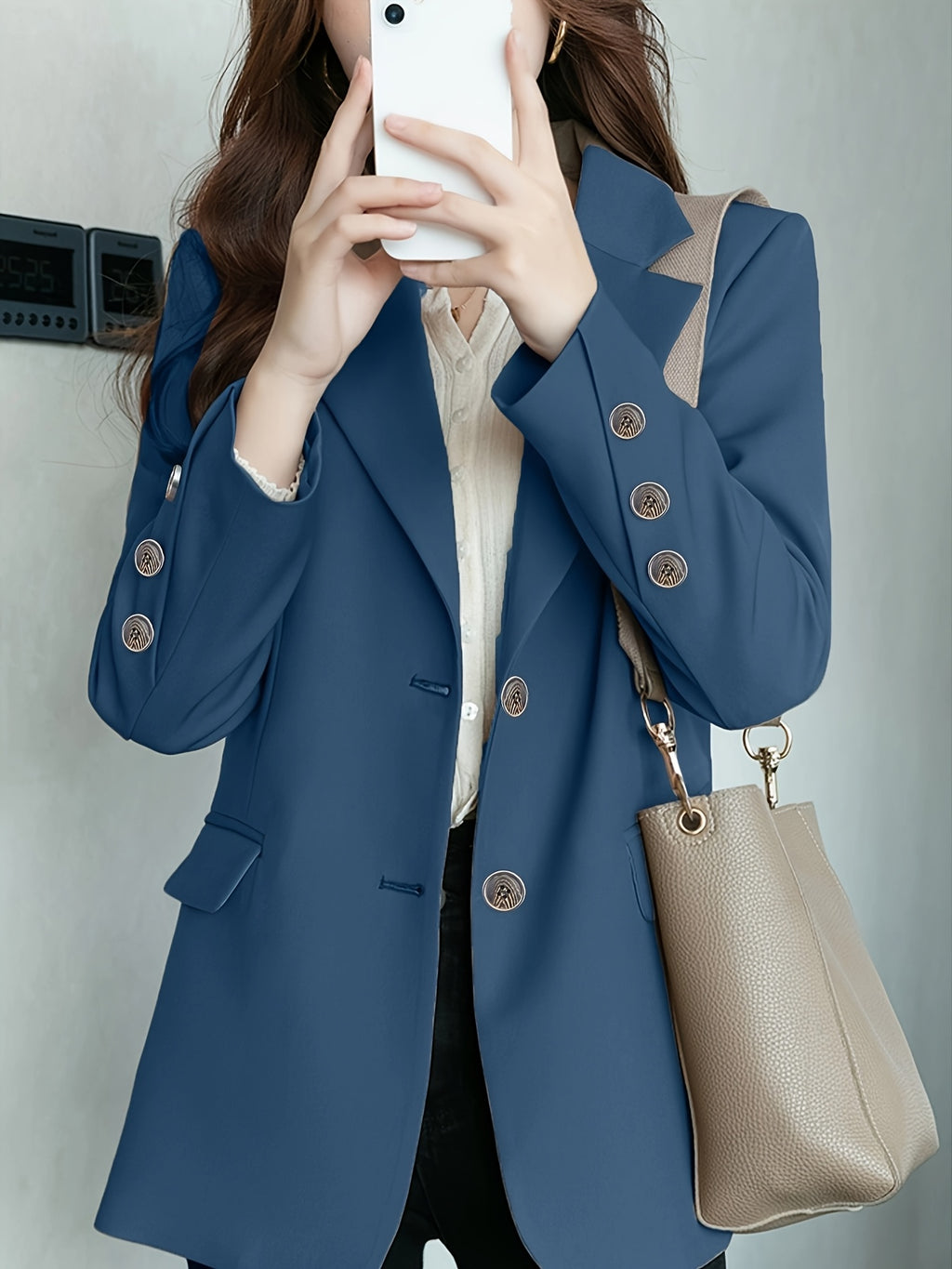 Casual Suit Collar Single-Button Suit European And American Loose Commuter Special Cuff Mid-Length Solid Color Suit Collar Lapel Versatile Jacket Lan - Navy Color