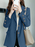 Casual Suit Collar Single-Button Suit European And American Loose Commuter Special Cuff Mid-Length Solid Color Suit Collar Lapel Versatile Jacket Lan - Navy Color