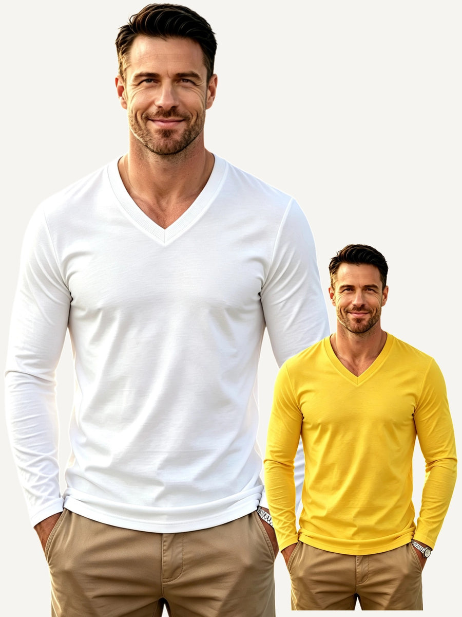 100%, 2pcs Men'S V-Neck Long Sleeve T-Shirts, Men'S Knit Sweatshirts, Casual Athletic Ribbed Neck Tops - White + Yellow