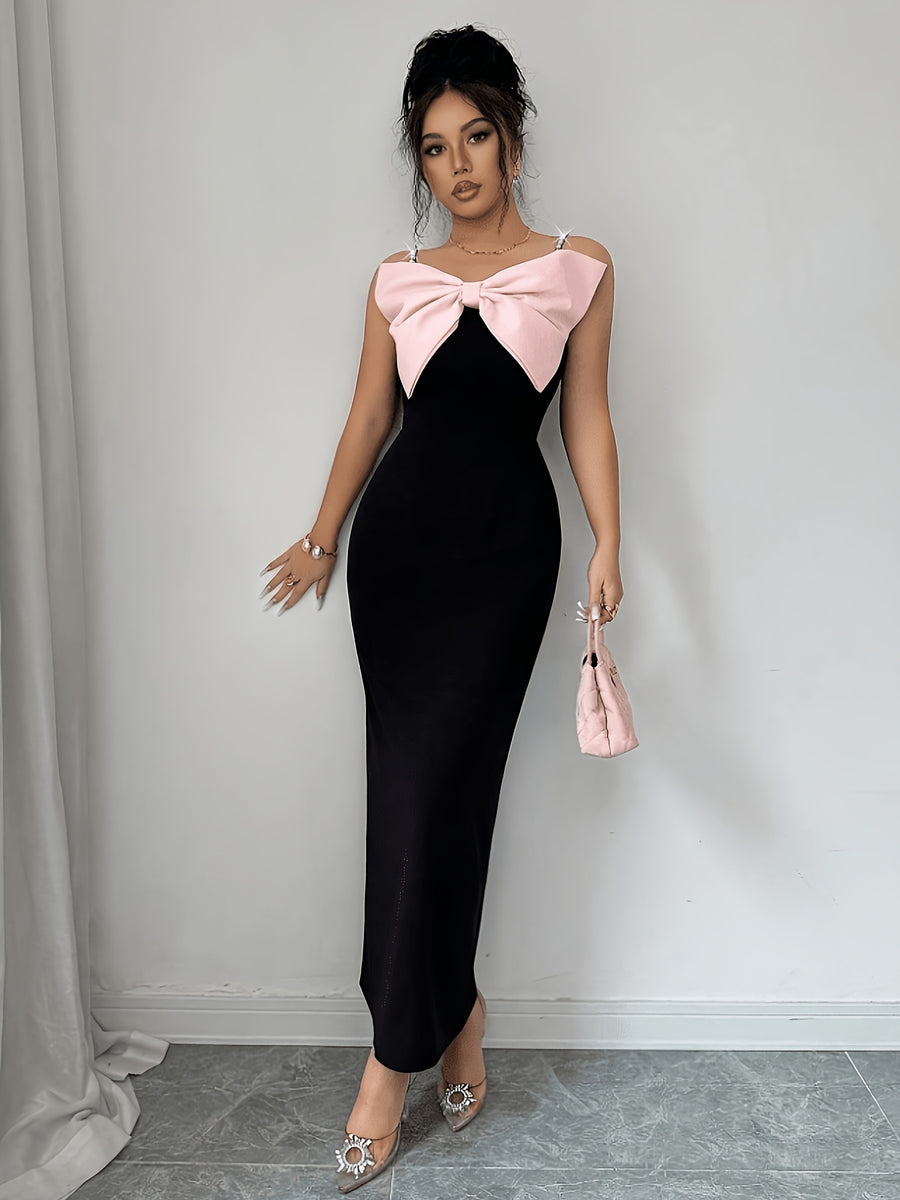 Elegant Romantic Women'S Bridesmaid Dress with Exaggerated Bow, Pearl Thin Straps, Cinched Waist, Straight Silhouette, Suitable for Dates, Gatherings, Parties, Birthdays, And Various Occasions - Black