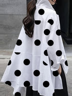 Women'S Elegant Pink Polka Dot Blouse with Ruffled Hem - Loose Fit, Long Sleeve, Casual Shirt for Spring/Summer, Casual Attire|Ruffled Hem Shirt|Dropped Shoulder Design - White