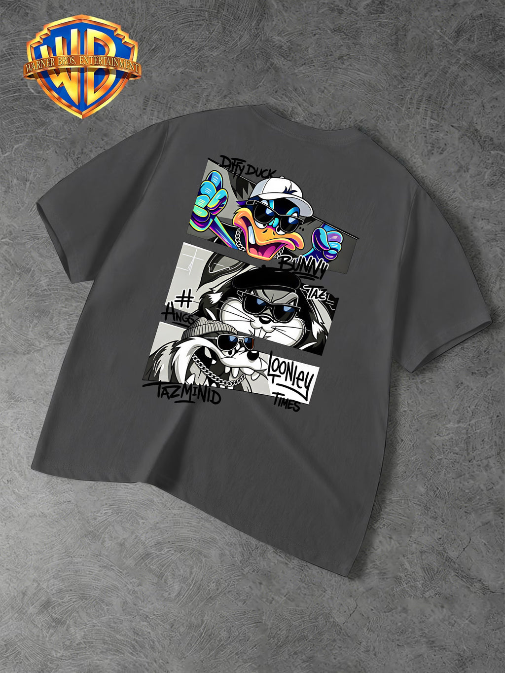 Warner Bros. Official Men's Casual T-Shirt with Double-Sided Print, Featuring a Spliced  Character Streetwear Graphic. Breathable and Comfortable, Versatile for Casual Wear. Print Is Durable, Crack-Resistant, Machine Washable, and Fade-Resistant. - Dark Gray