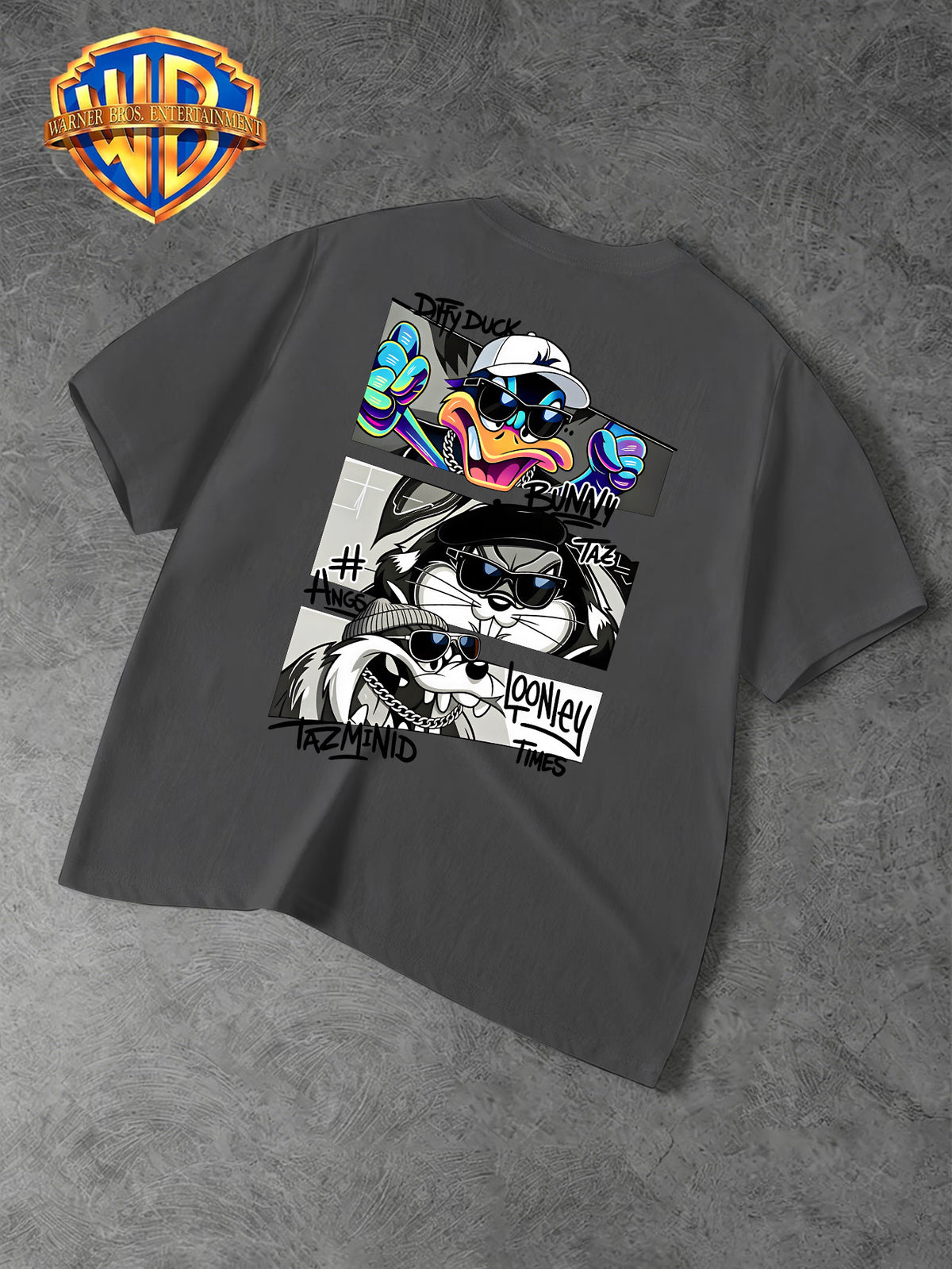 Warner Bros. Official Men's Casual T-Shirt with Double-Sided Print, Featuring a Spliced  Character Streetwear Graphic. Breathable and Comfortable, Versatile for Casual Wear. Print Is Durable, Crack-Resistant, Machine Washable, and Fade-Resistant. - Dark Gray