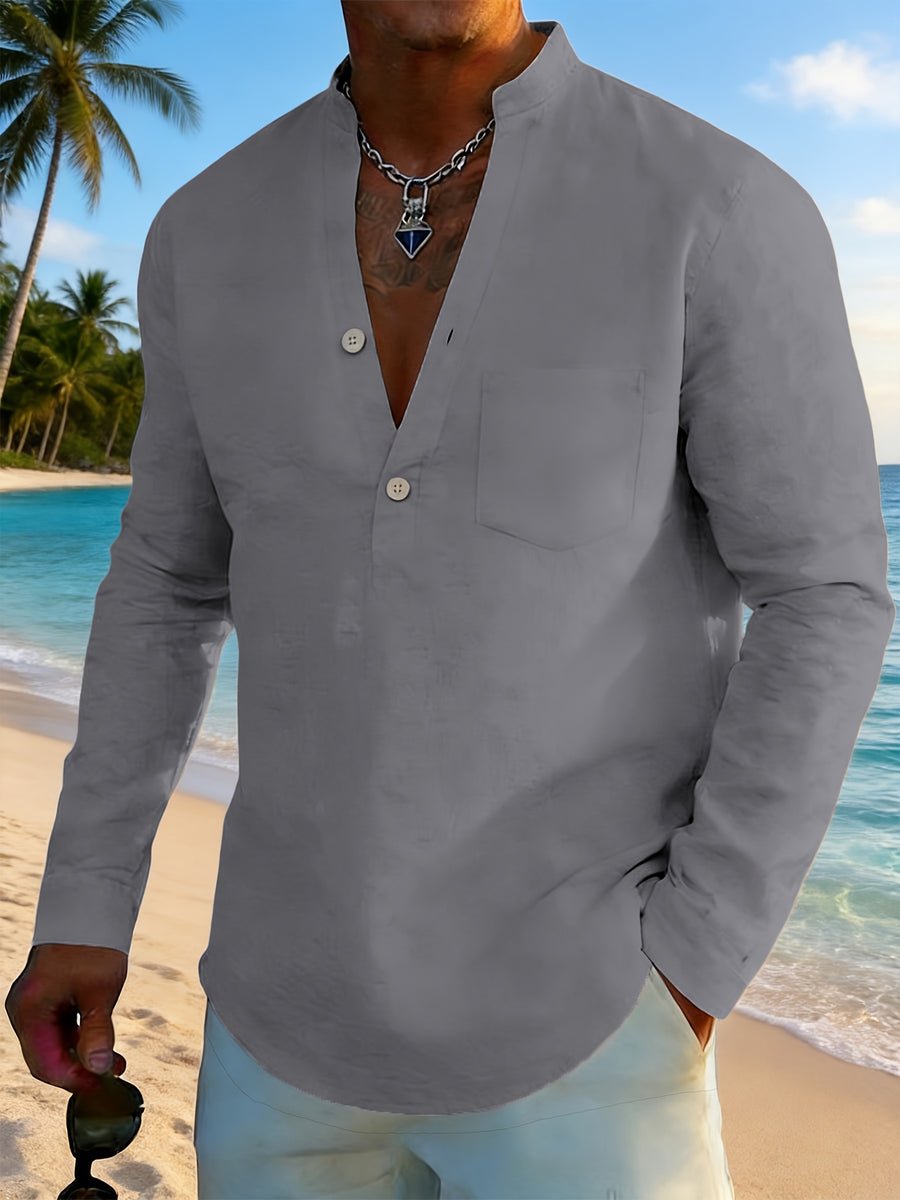 Men's Solid Color Henley Long Sleeve Shirt, Lightweight Breathable Casual Button Up Tops for Summer - Dark Gray