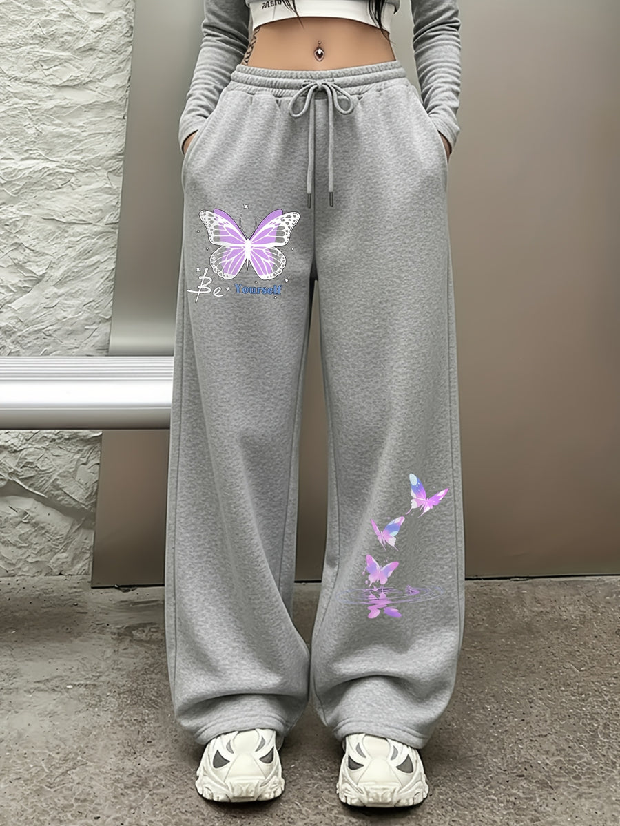Be Yourself" Purple Butterfly Pattern Print, Casual Sporty Straight-Leg Pants, Women's Elastic Waist Drawstring Wide-Leg Long Pants, All-Season Women's Trousers - Grey