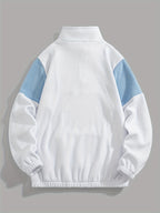 Fleece Color-Blocked Spliced Letter Embroidered Zip-Up Sweatshirt, Men'S Mid-High Collar Half-Zip Pullover Warm Outerwear, Men'S Casual Sportswear with a Trendy Street And Collegiate Style, Suitable for Daily Wear And Casual Outdoor Activities - White