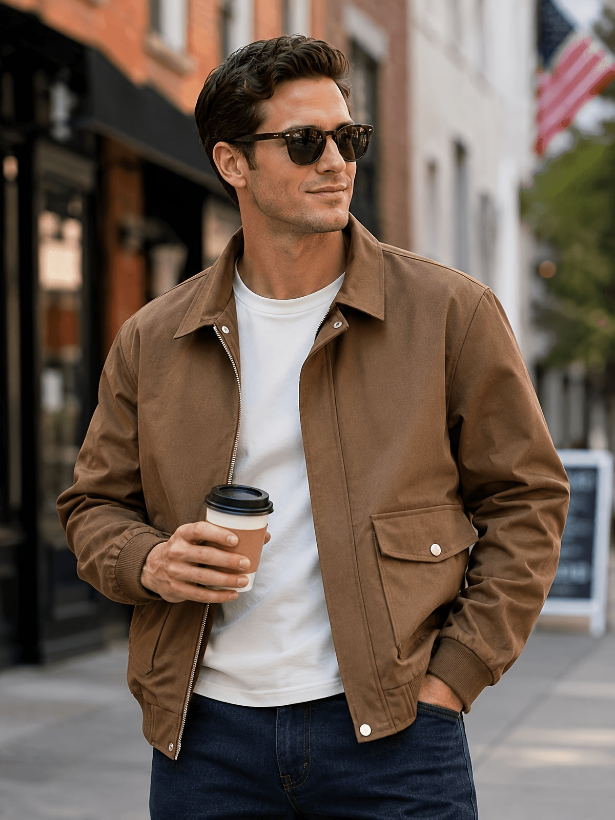 Men's Lapel Collar Bomber Jacket, Zip-Up Snap Button Outerwear with Flap Pockets for Spring Fall Retro Daily Wear - Khaki