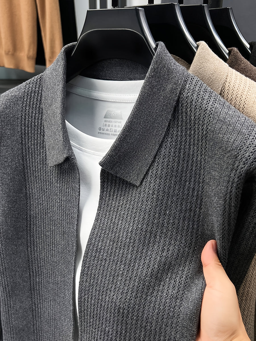 Men'S Lapel Single-Button Knit Cardigan, Spring/Autumn Outerwear, Winter Layering, Long Sleeve, Ribbed Cuffs And Hem - SINBOS - Gray Green