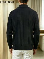 FORLENGKE Men'S Business Casual Stand Collar Full Zip Vertical Ribbed Knit Cardigan, Soft Thick Loose Long Sleeve Sweater Jacket for Fall Winter Office Daily Wear - Black