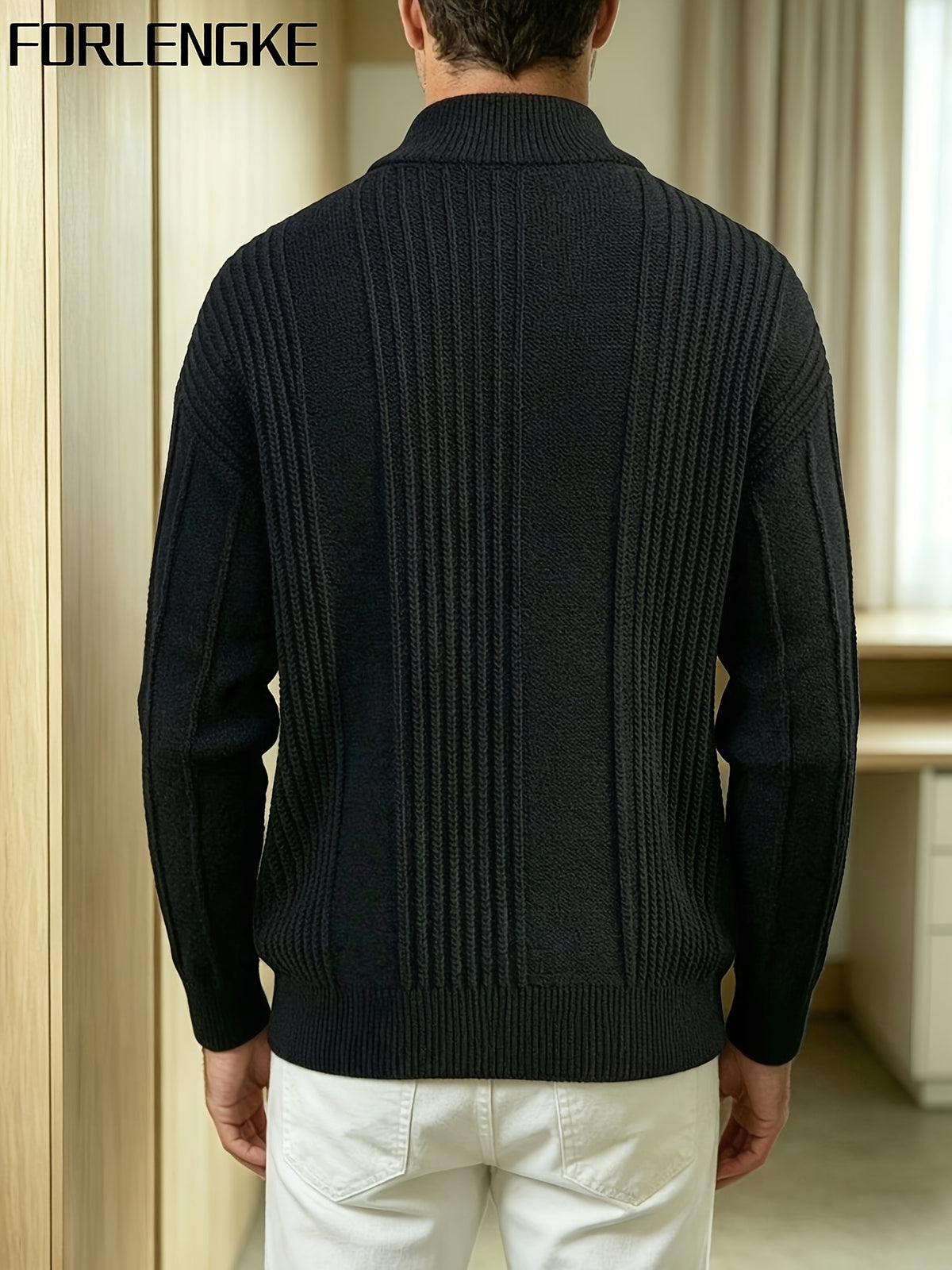 FORLENGKE Men'S Business Casual Stand Collar Full Zip Vertical Ribbed Knit Cardigan, Soft Thick Loose Long Sleeve Sweater Jacket for Fall Winter Office Daily Wear - Black